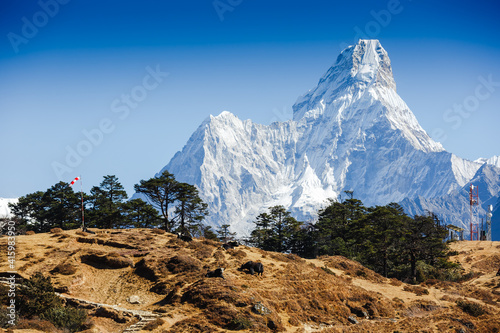 Hiking Everest Base Camp trek. Greatness of nature. Ama Dablam peak (6856 m). Nepal, Himalayas