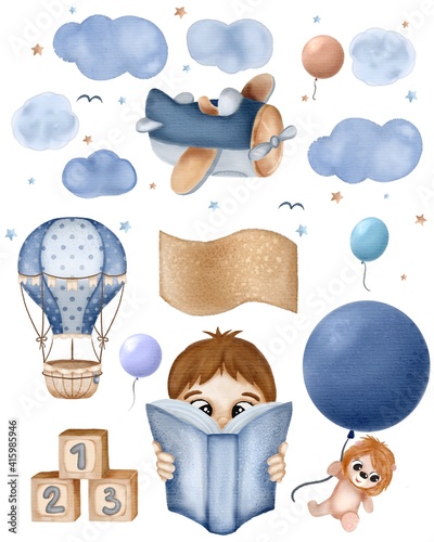 Hand drawn watercolor happy new born baby boy set with plane sky clouds balloons design. Blocks, lion in cartoon cute style, isolated illustration on white. Cute illustration for design 