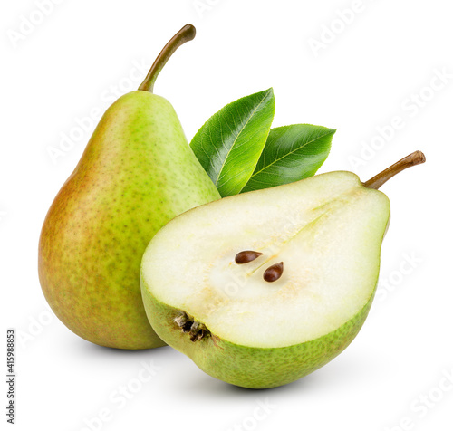 Pears isolated. One and a half green pear fruit with leaf on white background. Pear slice. With clipping path. Full depth of field.