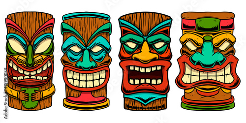 Set of Illustration of tiki idol. Design element for logo, label, sign, poster. Vector illustration