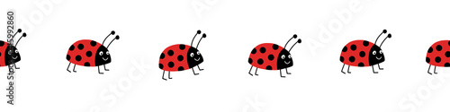 Seamless ladybug vector border. Flat red Ladybugs on white horizontal repeating pattern. Cute summer bug animal kids background design for print, kids decor, fabric trim, kids fashion, footer, divider