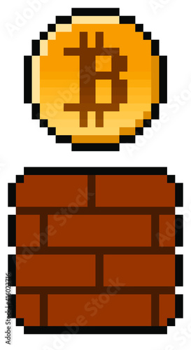 Pixel bitcoin coming from a gaming block - isolated (vector)