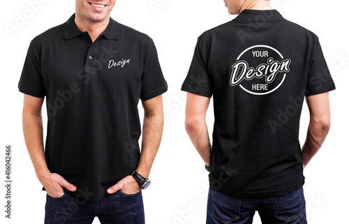 Men's black polo shirt template, front and back