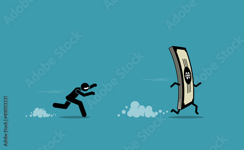 Man running and chasing after a run away money. Vector illustration concept of money obsession, impatient, and greedy. 