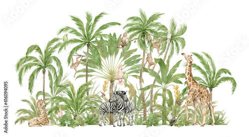 Watercolor safari animals and tropical palms. Jungle compositions. Giraffe, zebra, monkey, parrot. Brigth summer exotic jungle. 