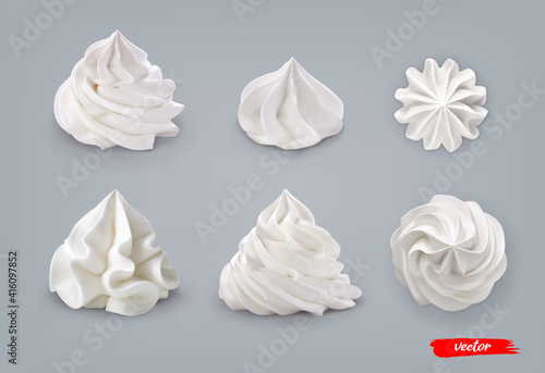 Set of whipped cream isolated on blue background. 3d realistic vector illustration of whipped cream.