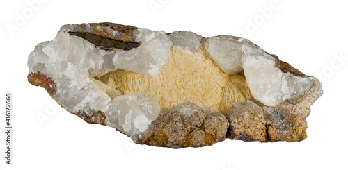 Close-up of aragonite polymorphous mineral isolated on a white background. Rock with crystal form of calcium carbonate. Collectable specimen with origin in Hridelec near Nova Paka, north east Bohemia.