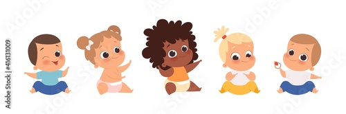 Baby group, multiethnic babies sitting. Isolated cartoon cute toddlers vector set. Child girl and boy unfant, kids cartoon happy