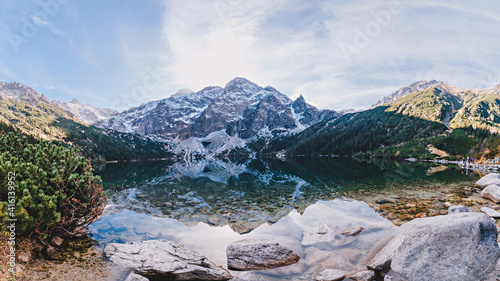 Famous polish mountains Sea Eye Lake (Morskie Oko) in spring. Tatra National Park, Poland