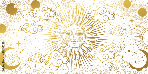 Aesthetic white background with golden sun with face, clouds and stars. Magic tarot card, celestial banner. Frame for astrology, witchcraft, predictions. Vector hand drawn illustration.