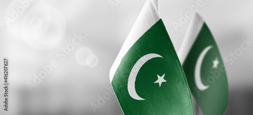 Small national flags of the Pakistan on a light blurry background