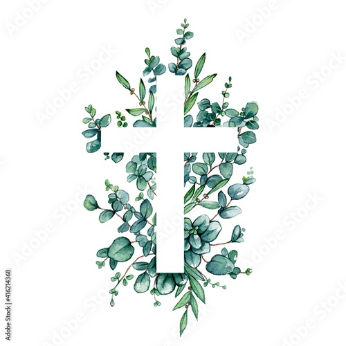 Watercolor illustration. Cross with leaves, eucalyptus, herbs. Baptism, easter, church, Christianity, cards, invitations 