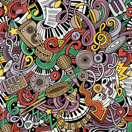 Music hand drawn doodles seamless pattern. Musical instruments background.