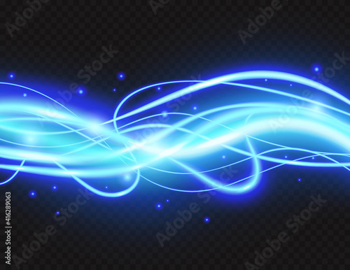 Cold blue plazma glow lines light effect decor vector illustration. Luxury glowing energy banner design with swirl abstract bright shine waves decoration, neon sparkle shimmer on black background