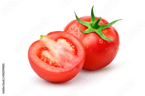 Fresh tomato with cut in half and water droplets isolated on white background.