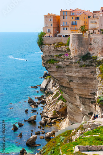 The houses on the cliff's edge, Ville Haute (upper town), Bonifacio, Corsica, France