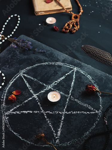 the ritual of black magic, the concept of occultism, a drawn pentagram on a blackboard, an old spellbook