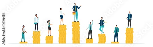 Economic inequalit. The gap between rich and poor.unfair income. White rich businessman standing on a tower of coins with a high salary with poor people black and white on low piles.Vector.