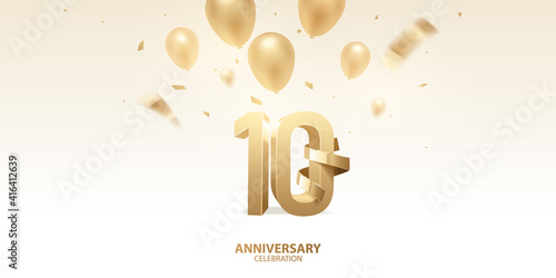 10th Anniversary celebration background. 3D Golden numbers with bent golden ribbon, confetti and balloons.