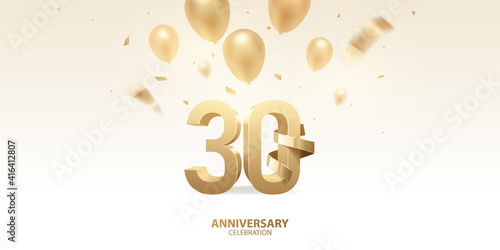 30th Anniversary celebration background. 3D Golden numbers with golden bent ribbon, confetti and balloons. 