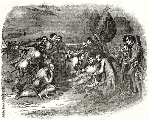 Death on battlefield of General Wolfe surrounded by his comrades in arms (Battle of Quebec, 1759). Ancient grey tone etching style art by unidentified author, Magasin Pittoresque, 1838