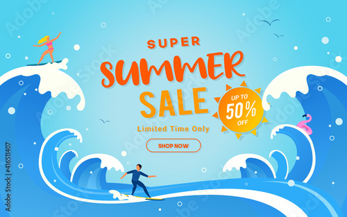 Super Summer Sale vector illustration. Summer Big wave surfing backgrounds