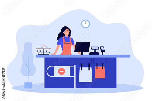 Supermarket female cashier working at checkout. Cash register worker standing at counter, waiting customers. Vector illustration for shopping, job, buying food concept