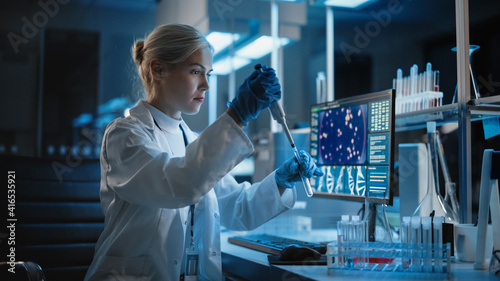 Medical Research Laboratory: Portrait of Female Scientist Working with Samples, using Micro Pipette Analysing Sample. Advanced Scientific Lab for Medicine, Biotechnology, Vaccine Development