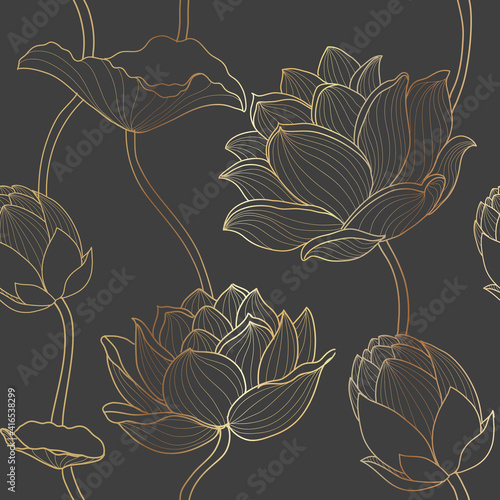 Gold line seamless luxury lotus wallpaper on dark background Golden flower line arts, seamless pattern design for packaging background, print,