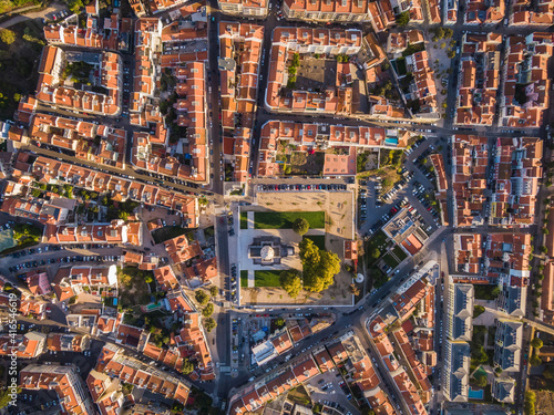 Aerial top down view of traditional residential neighbourhood at sunrise in Lisbon, Portugal.