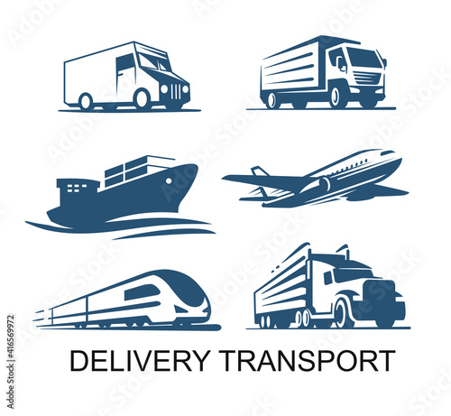 Transport cargo delivery icon. Airplane ship with container truck and lorry emblems