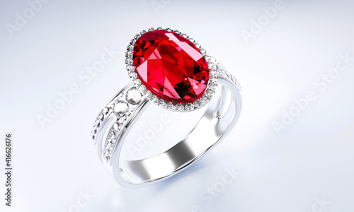 The large red diamond or ruby is surrounded by many diamonds on the ring made of platinum gold placed on a gray background. Elegant wedding diamond ring for women. 3d rendering