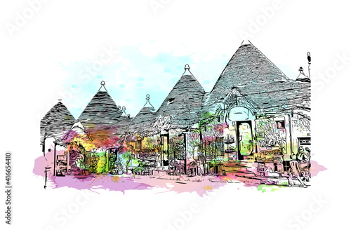 Building view with landmark of Alberobello is a town in Italy. Watercolour splash with hand drawn sketch illustration in vector.