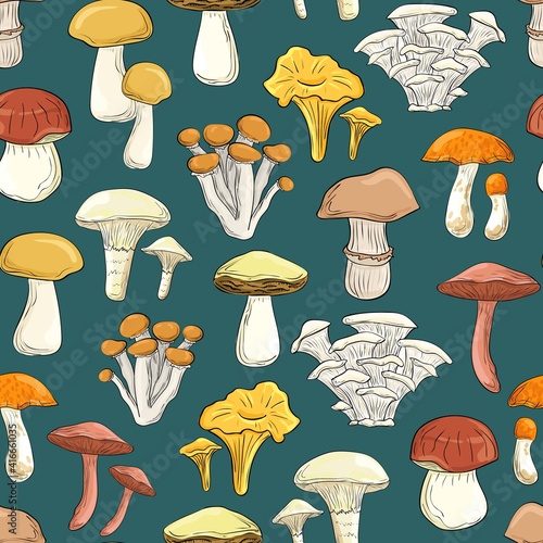 Beautiful cartoon mushrooms. Seamless pattern. Print for backgrounds, printing on fabric, paper, wallpaper, packaging.