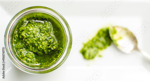 view from above on pesto in glass