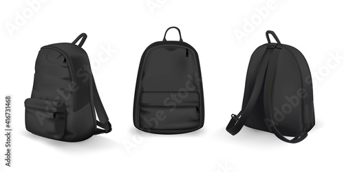 Black backpack design front, back and side view set. College or school rucksack mockup vector illustration. Realistic youth pack of fabric for study or sport with shadows isolated on white background
