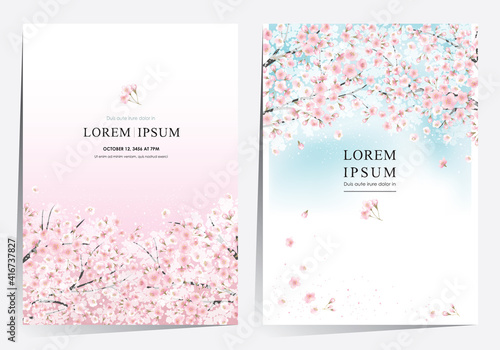 Vector editorial design frame set of spring landscape with cherry trees in full bloom. Design for social media, party invitation, Print, Frame Clip Art and Business Advertisement and Promotion
