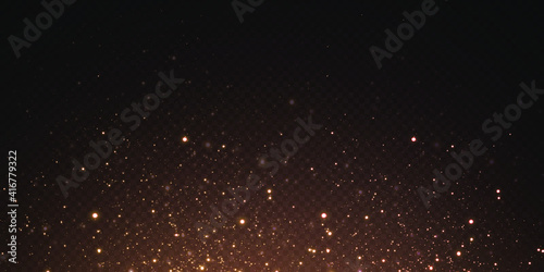 Christmas gold confetti stars are falling, Shining stars fly across the night sky amidst the reflection of the light points of space. holidays vector background. magic shine. 