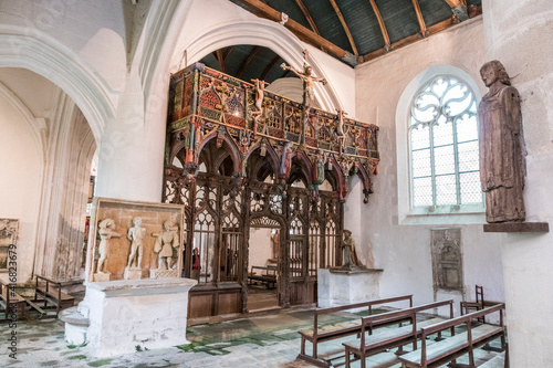 Le Faouet, France. The famous carved rood screen at the Chapelle Saint Fiacre, a Catholic chapel in central Brittany (Bretagne)