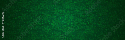 Green Patricks Day greeting banner with green clovers. Patrick's Day holiday design. Horizontal background, headers, posters, cards, website. Vector illustration