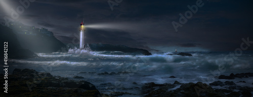 Storm over the sea with lighthouse and beacon.