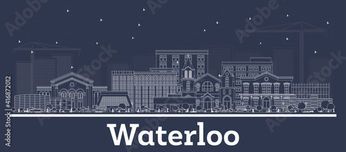 Outline Waterloo Iowa USA City Skyline with White Buildings.