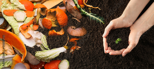 Organic waste for composting on soil and woman holding green seedling, top view. Natural fertilizer