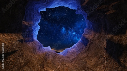 A cave with a hole looking at the night sky over a horizon - 3D illustration