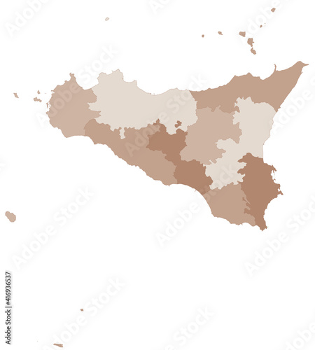 Sicily map, division by provinces and municipalities. Closed and perfectly editable polygons, polygon fill and color paths editable at will. Levels. Political geographic map. Italy