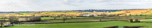 A panorama view across the reservoir and fields around Saddington, UK in Springtime