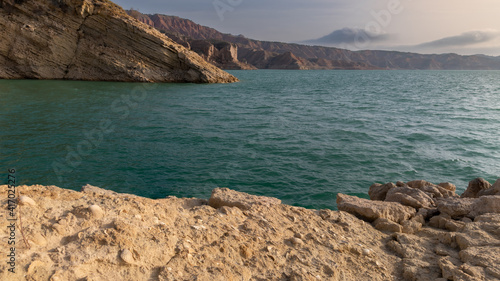 Partial view of the Negratin reservoir, in the Baza region, bordered by the badlands of the area.