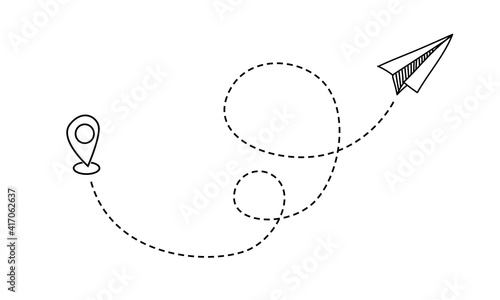 Plane travel line. Hand drawn flight route. Flying aircraft with winding dotted trace. Dashed path of paper airplane in sky and location symbol. Vector transportation by airline or message delivery