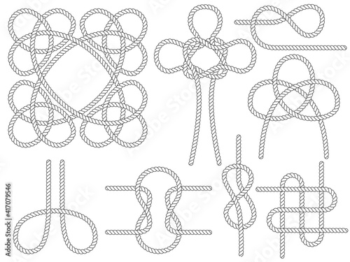 Set of nautical rope knots. Marine rope knot