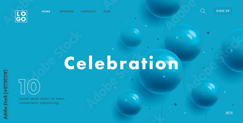 Website template, landing page home screen banner with round balloons, monochrome blue on blue background